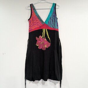 Desigual Sleeveless V-Neck Bubble Dress with Ties Black Multi-color Size Large